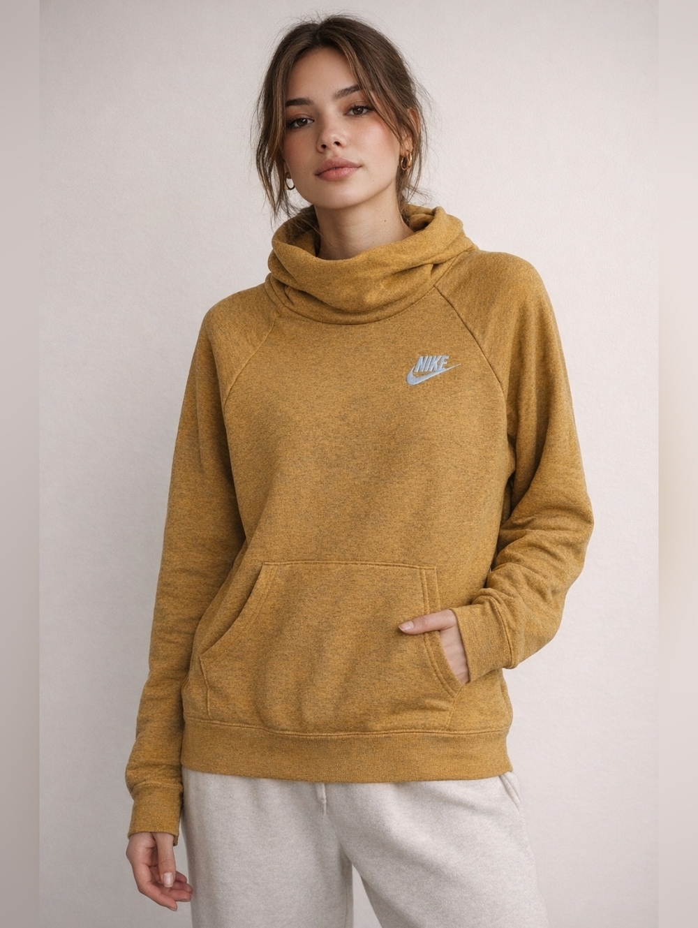 Nike Mustard Yellow Funnel Neck Hoodie Pullover Small Cozy Athleisure